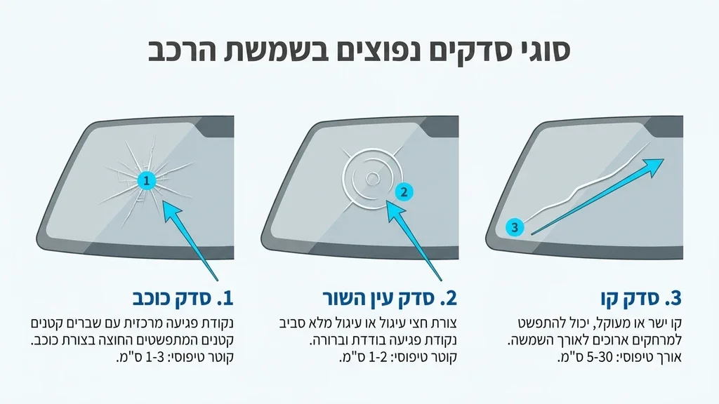 נוצר על ידי מודל בינה מלאכותית Gemini Pro סוגי פגיעות וסדקים בשמשת הרכב